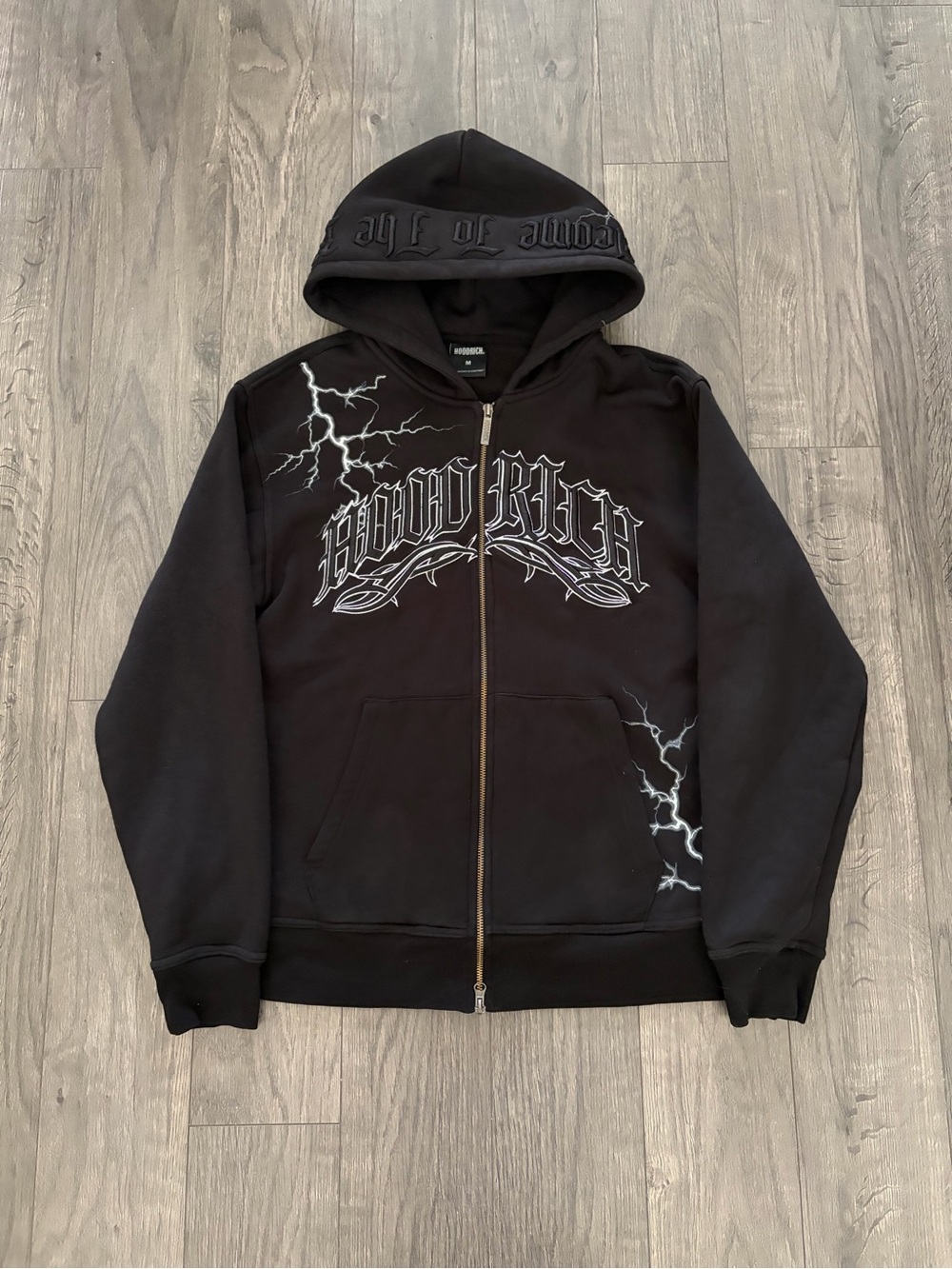 Hoodrich Black Graphic Zip Hoodie with Lightning Print